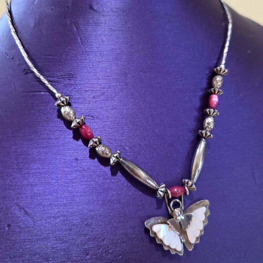 1980's Soutwestern Handmade MOP Butterfly Pendant Pink Silver Beaded Necklace